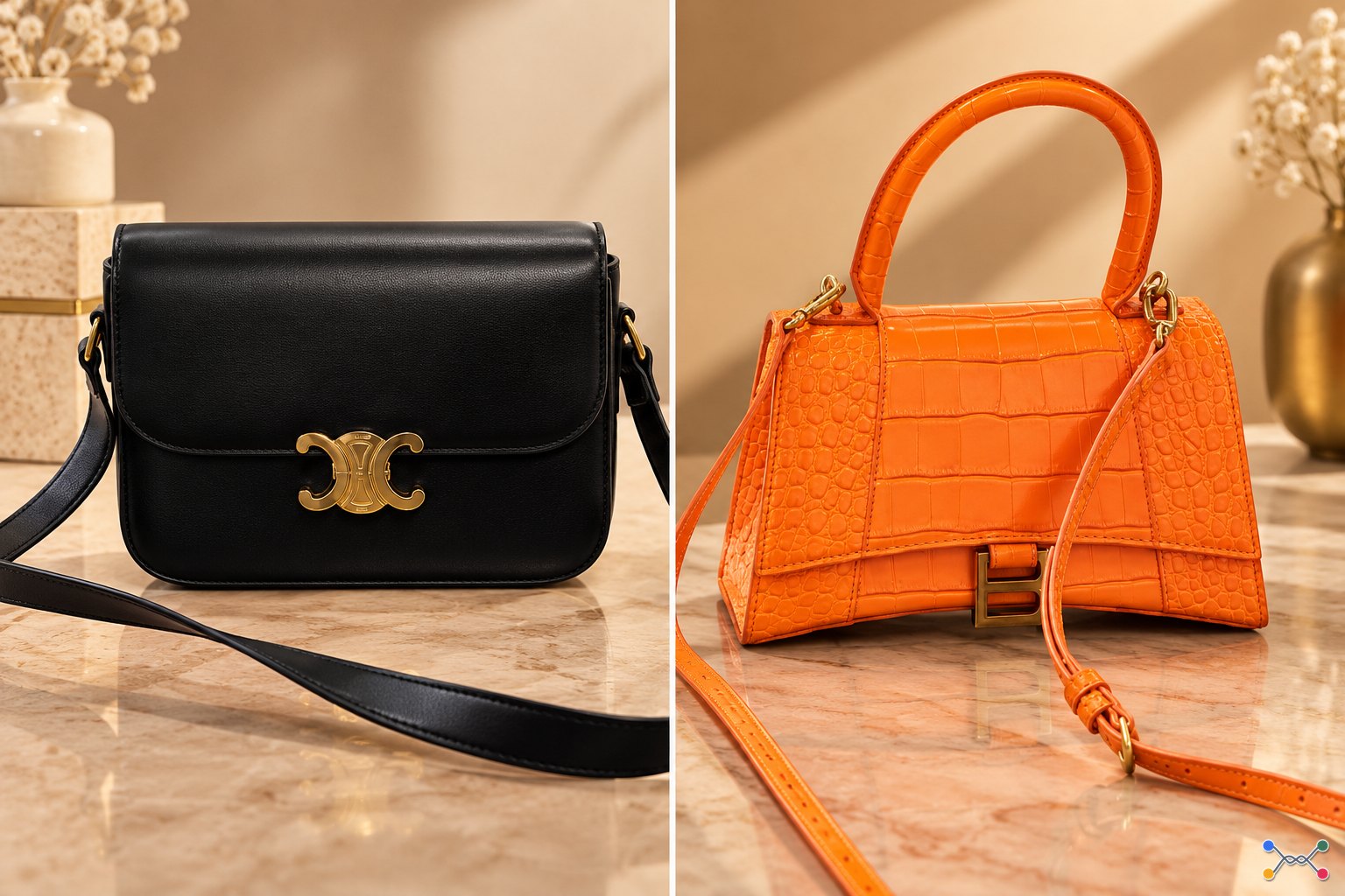 DUAS BOLSAS DE GRIFE - MARCAS CELINE E BALENCIAGA - COURO DE BEZERRO E COM EFEITO CROCODILO - BAGÉ/RS - João Honor Coirollo de Souza - Leilões Presenciais e Online