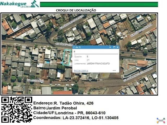 3413 - DATA de terras sob nº 21, da qd. nº 08 , área de 250,00 m². Jardim Perobal, Londrina/PR