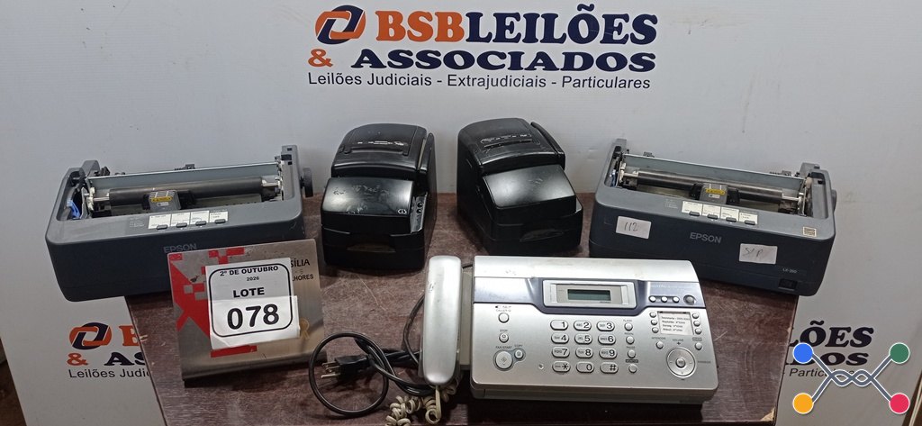 01 FAX MODELO KX-FC971 MARCA PANASONIC, 02 IMPRESSORAS TÉRMICAS E 02 IMPRESSORAS MATRICIAIS PARA RETIRADA DE PEÇAS. (NO ESTADO) ATENÇÃO! FAZER A VISITAÇÃO ANTES DE ARREMATAR, NÃO SABEMOS SE FUNCIONA, LEILÃO NÃO TEM GARANTIA E NEM DEVOLUÇÃO, SUJEITO A POSSÍVEIS AVARIAS VISÍVEIS/OCULTAS E/OU AUSÊNCIA DE COMPONENTES.