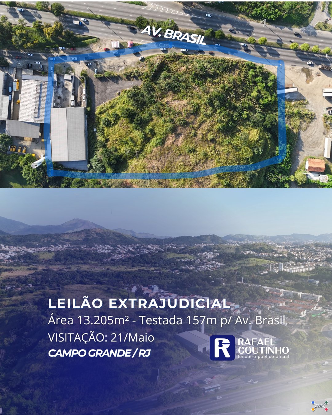 Área 13.205m² com Testada de 157m para Av. Brasil, altura de Campo Grande/RJ. Terreno e Respectivas Construções. Aceita Financiamento.
