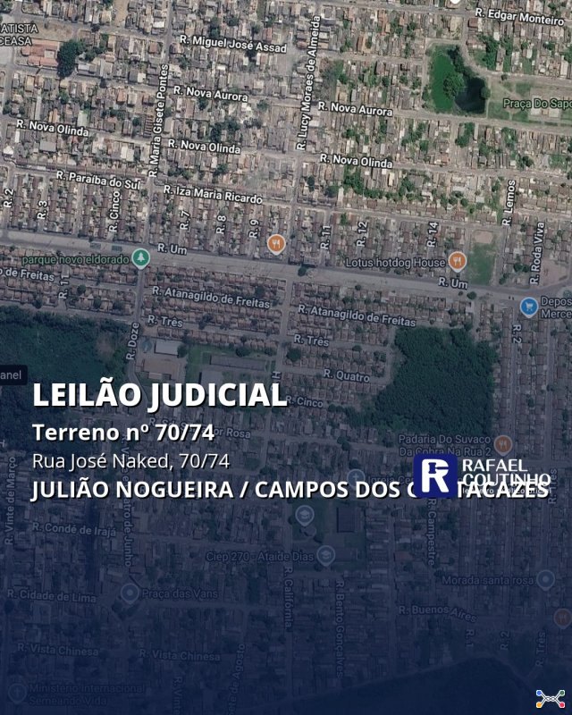 Terreno nº 70/74 na Rua José Naked, 70/74, Bairro Julião Nogueira, Campos dos Goytacazes/RJ. Pague em até 60 vezes.