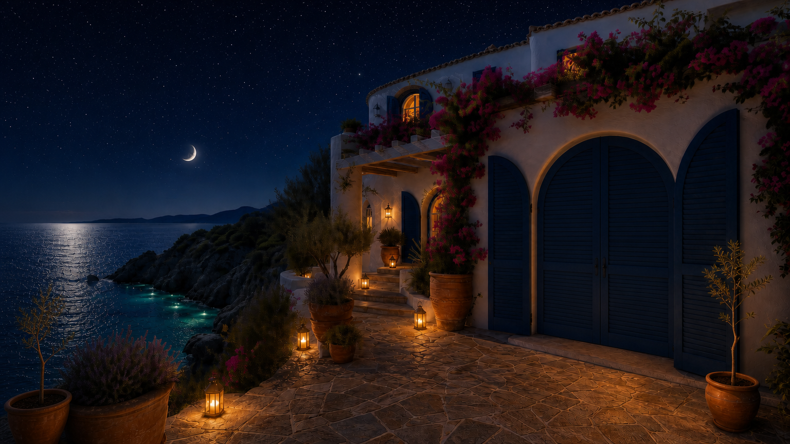 Villa à beira-mar de noite